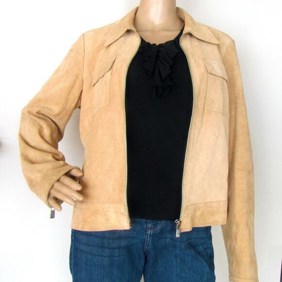 MICHAEL Michael Kors Women Suede Leather Camel Color Collared Full Zip Jacket L - Picture 1 of 8